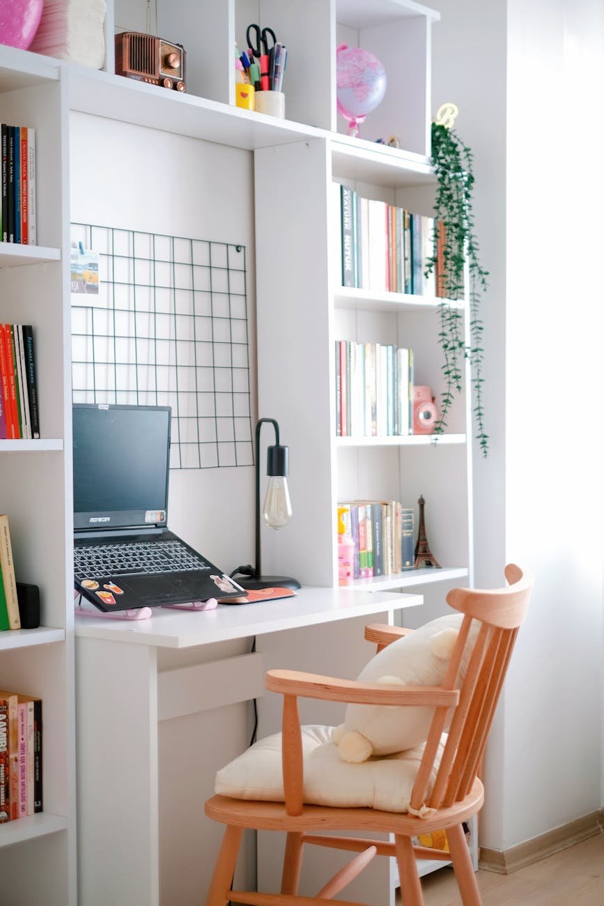 cozy home office workspace with wooden chair